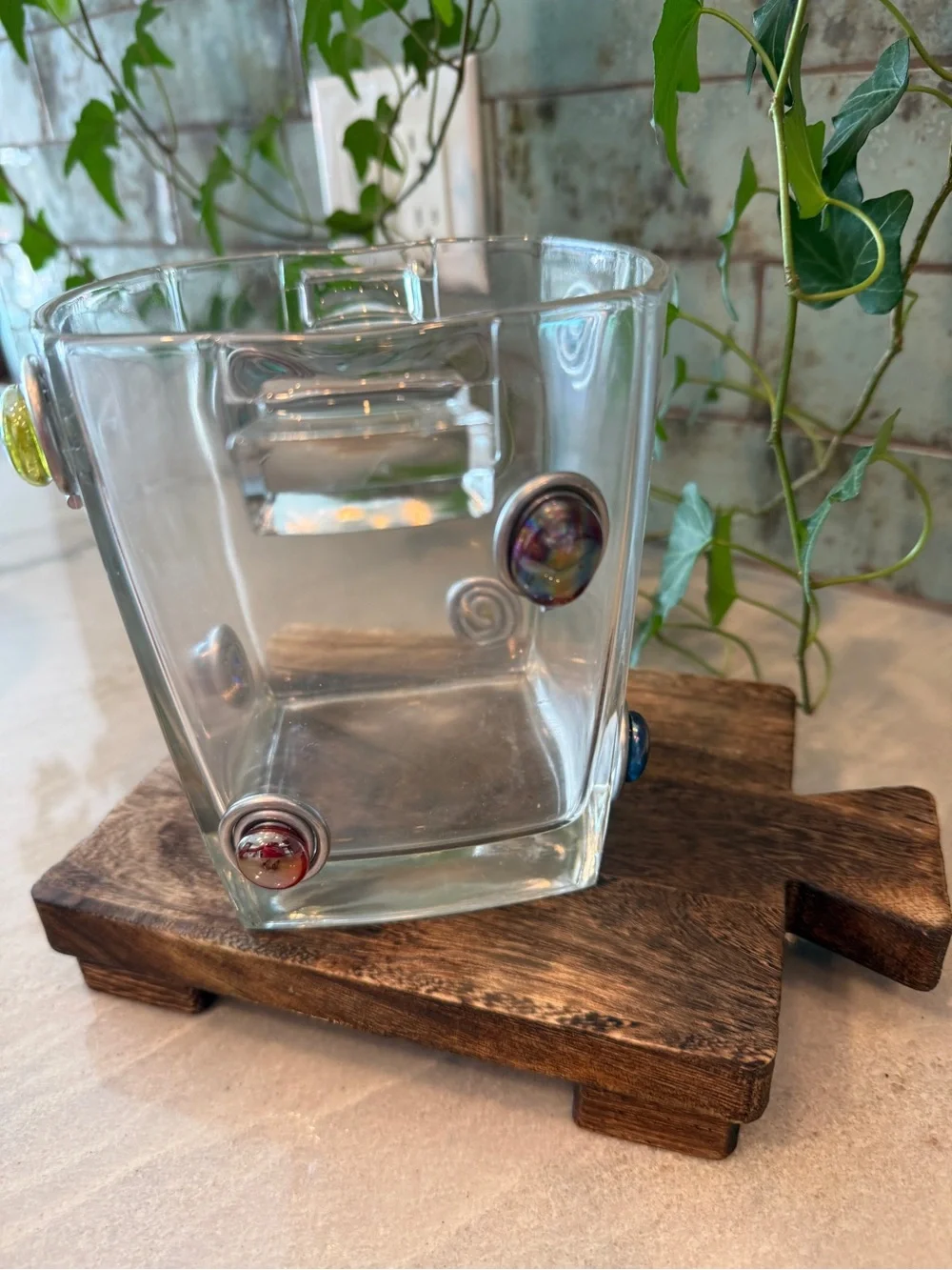 Handcrafted Wire-Wrapped Jeweled Glass Ice Bucket Set with Matching Tongs